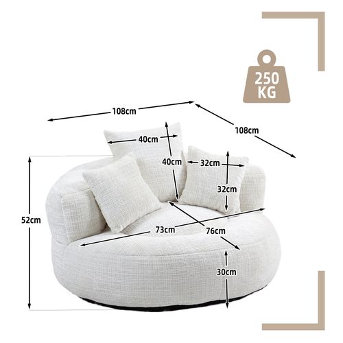 Fauteuil Pouf Cocooning 1 Place - 3 Coussins - Haut Dossier - Mousse Haute Densité -chenille - Beige