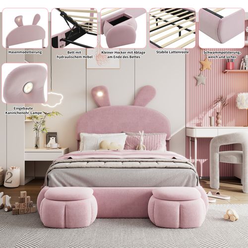 Lit Simple 140x200 Cm - Lit Junior Oreilles De Lapin Rembourré - 2 Tabourets - Velours Rose