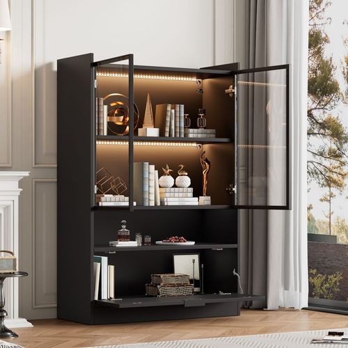 Vitrine Moderne - LED - Abattante - Portes En Verre - Panneau De Particules Verre Trempé - Noir