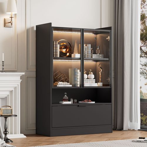 Vitrine Moderne - LED - Abattante - Portes En Verre - Panneau De Particules Verre Trempé - Noir
