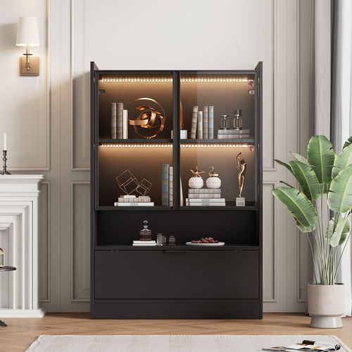 Vitrine Moderne - LED - Abattante - Portes En Verre - Panneau De Particules Verre Trempé - Noir