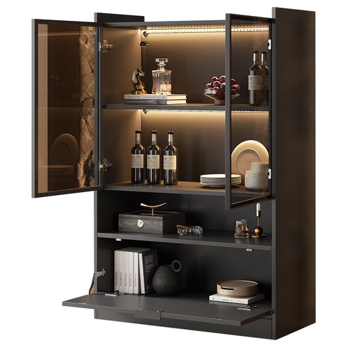 Vitrine Moderne - LED - Abattante - Portes En Verre - Panneau De Particules Verre Trempé - Noir