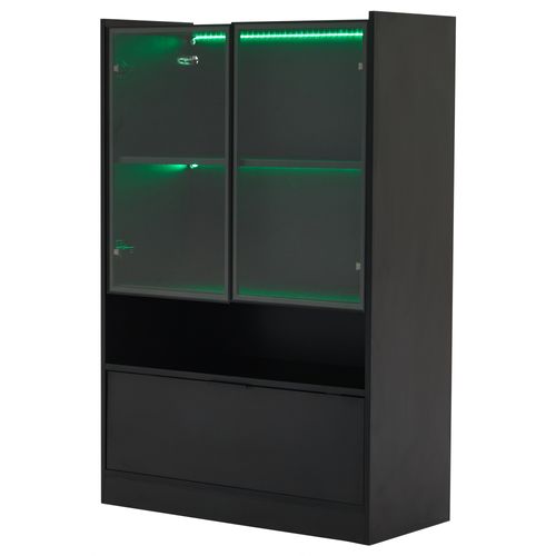 Vitrine Moderne - LED - Abattante - Portes En Verre - Panneau De Particules Verre Trempé - Noir