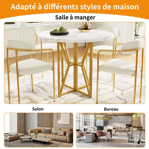 Table à Manger Ronde - Pieds Métal Doré - Plateau Effet Marbre - Style Élégant - Mdf - Blanc + Or
