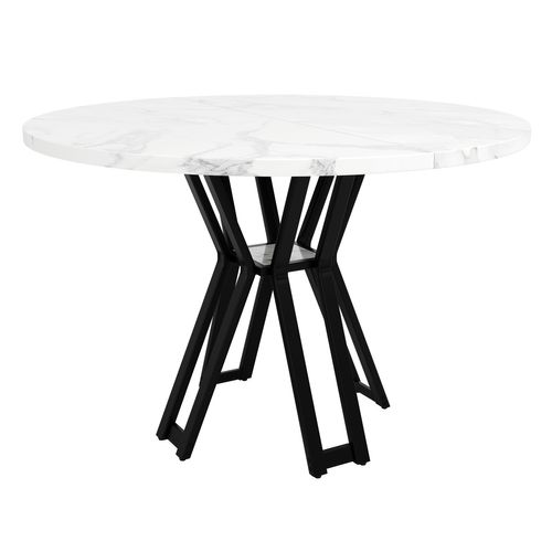 Table à Manger Ronde - Pieds Dorés - Plateau Mdf Marbré - Design Moderne - Noir