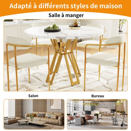 Table à Manger Ronde - Design Moderne - Plateau Mdf Marbré - Structure Métallique Dorée - Blanc