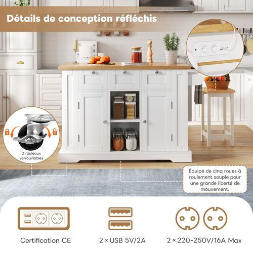 Îlot De Cuisine - Desserte De Cuisine - Tiroir - Porte-serviettes Et Table Pliante - Mdf - Blanc