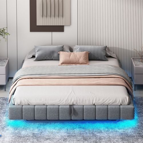 Lit Coffre 180x200 Cm - Lit Double Avec Rangement Et Sommier Relevable - Tissu Gris