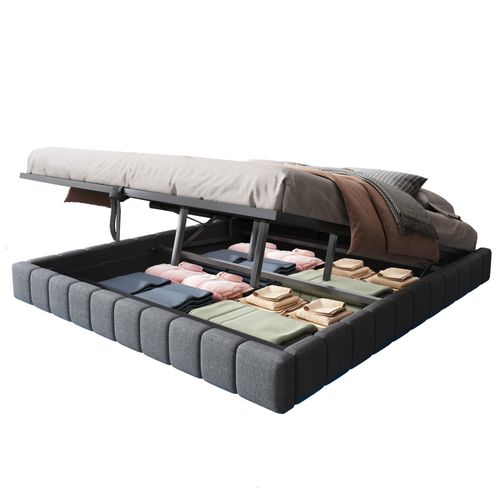 Lit Coffre 180x200 Cm - Lit Double Avec Rangement Et Sommier Relevable - Tissu Gris