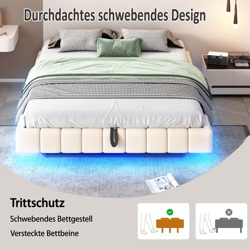 Lit Coffre 180x200 Cm - Lit Double Avec Rangement, Sommier Relevable Et LED - Tissu Beige