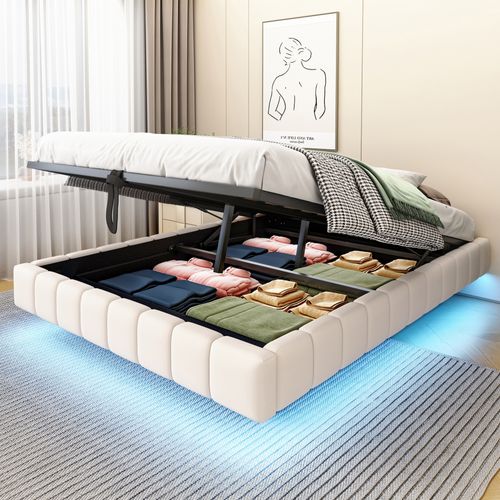 Lit Coffre 140x200 Cm - Sommier à Ressorts - Coffre De Rangement - LED Incluse - Lin Beige