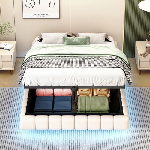 Lit Coffre 140x200 Cm - Sommier à Ressorts - Coffre De Rangement - LED Incluse - Lin Beige