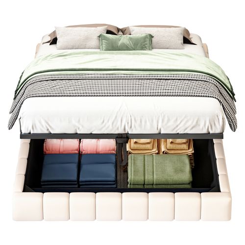 Lit Coffre 140x200 Cm - Sommier à Ressorts - Coffre De Rangement - LED Incluse - Lin Beige