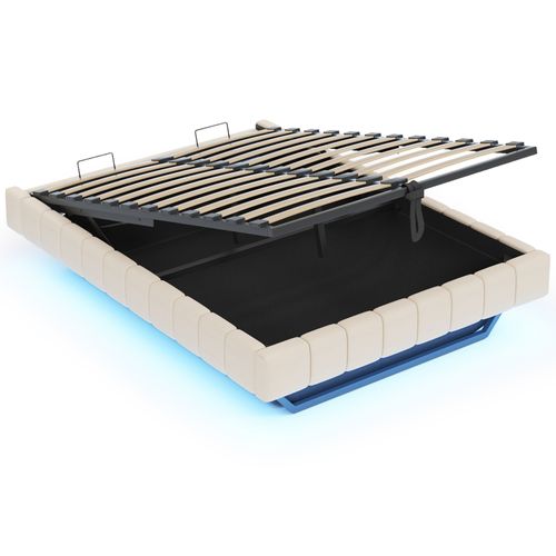 Lit Coffre 140x200 Cm - Sommier à Ressorts - Coffre De Rangement - LED Incluse - Lin Beige