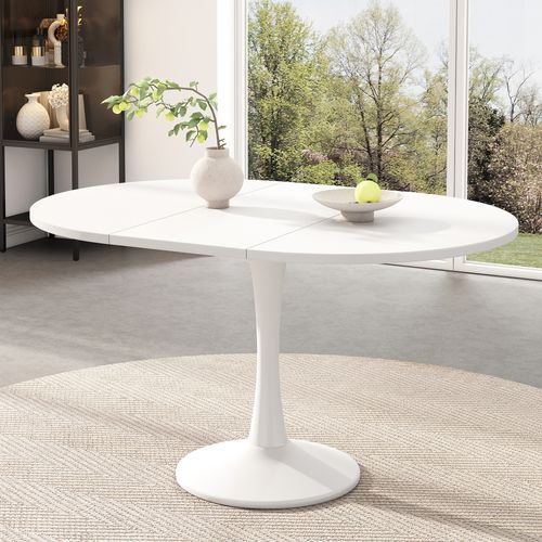 Table à Manger Ovale Extensible - Plateau Mdf Résistant - Piètement Stable - Blanc