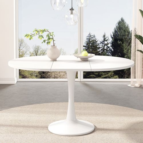 Table à Manger Ovale Extensible - Plateau Mdf Résistant - Piètement Stable - Blanc
