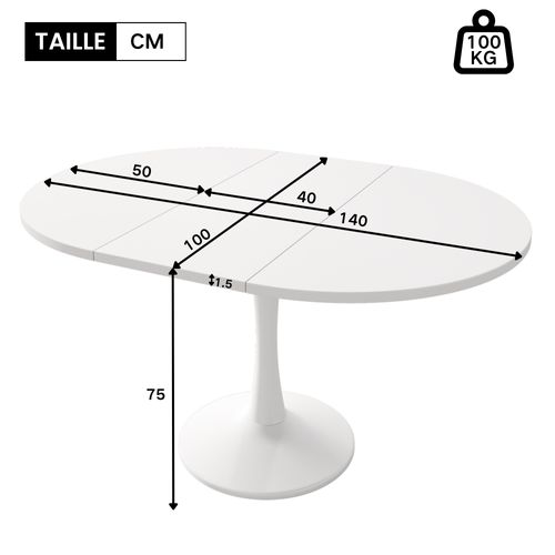 Table à Manger Ovale Extensible - Plateau Mdf Résistant - Piètement Stable - Blanc