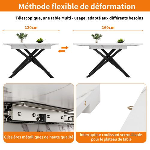 Table à Manger Extensible Moderne - Plateau Mdf Marbré Blanc - Piètement Métal Croisé
