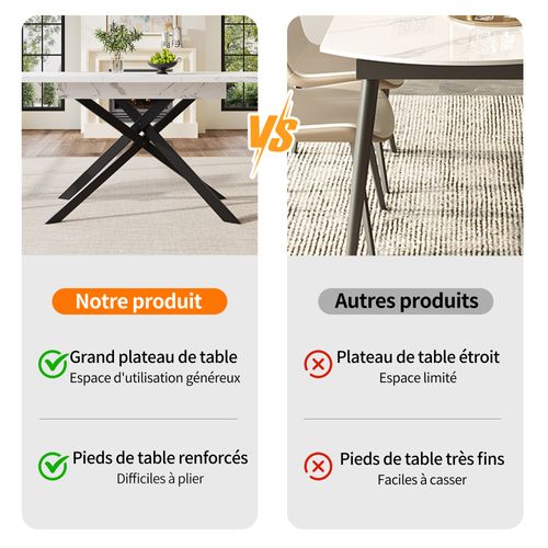 Table à Manger Extensible Moderne - Plateau Mdf Marbré Blanc - Piètement Métal Croisé