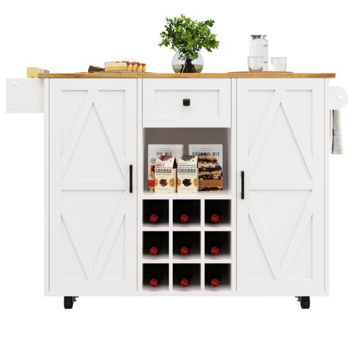 Îlot De Cuisine - Meuble Rangement Plan Extensible - Buffet Design Moderne - Mdf Métal - Blanc