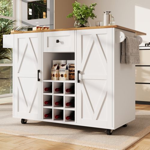 Îlot De Cuisine - Meuble Rangement Plan Extensible - Buffet Design Moderne - Mdf Métal - Blanc