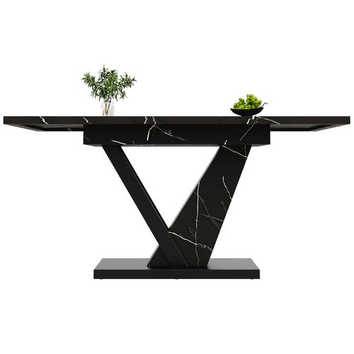 Table à Manger Extensible Rectangulaire 4 à 6 Personnes, Plateau Marbre Noir, Mdf Et Métal 120-160cm