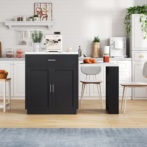 Îlot De Cuisine Avec Table - Extensible Bicolore - Prise De Courant - Rangement Et Tiroirs - Noir