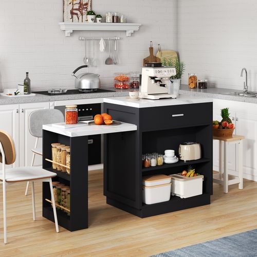 Îlot De Cuisine Avec Table - Extensible Bicolore - Prise De Courant - Rangement Et Tiroirs - Noir