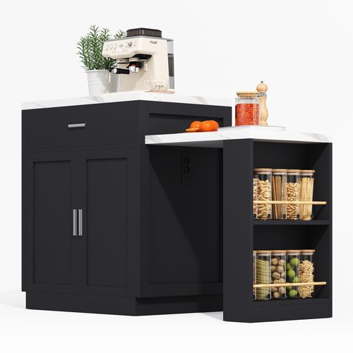 Îlot De Cuisine Avec Table - Extensible Bicolore - Prise De Courant - Rangement Et Tiroirs - Noir