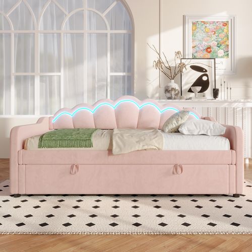 Lit Coffre 90x200 Cm - Banquette Avec Coffre Hydraulique - Éclairage LED - Velours Doux - Rose