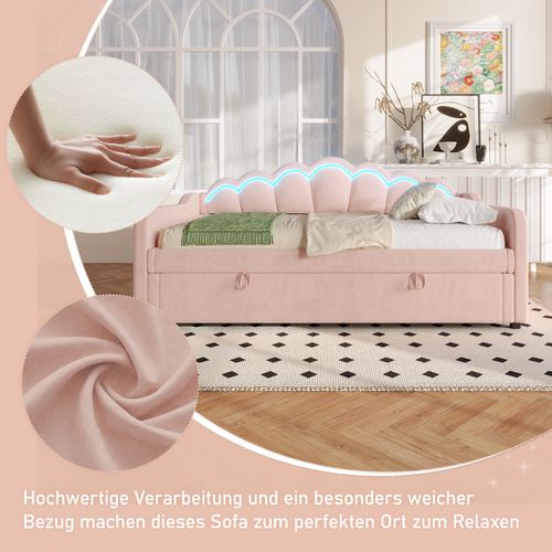 Lit Coffre 90x200 Cm - Banquette Avec Coffre Hydraulique - Éclairage LED - Velours Doux - Rose