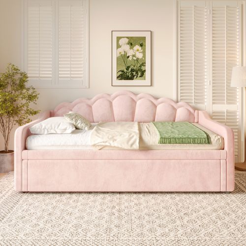 Lit Gigogne 90/180x200 Cm - Lit Simple Extensible Avec Tiroir Et LED - Velours Moderne - Rose