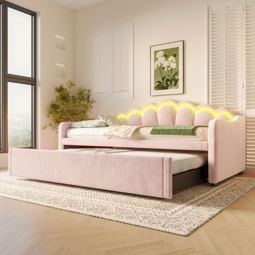 Lit Gigogne 90/180x200 Cm - Lit Simple Extensible Avec Tiroir Et LED - Velours Moderne - Rose