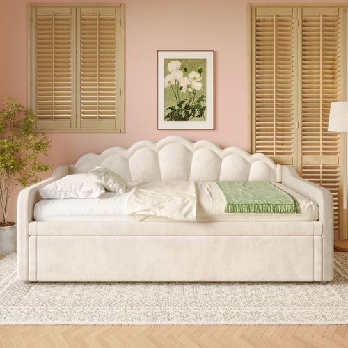 Lit Gigogne 90/180x200 Cm - Lit Simple Extensible Avec Tiroir Et LED - Velours Moderne - Beige