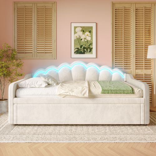 Lit Gigogne 90/180x200 Cm - Lit Simple Extensible Avec Tiroir Et LED - Velours Moderne - Beige