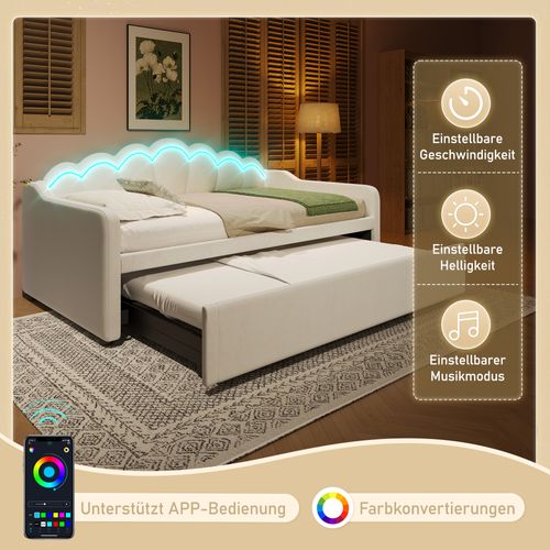 Lit Gigogne 90/180x200 Cm - Lit Simple Extensible Avec Tiroir Et LED - Velours Moderne - Beige