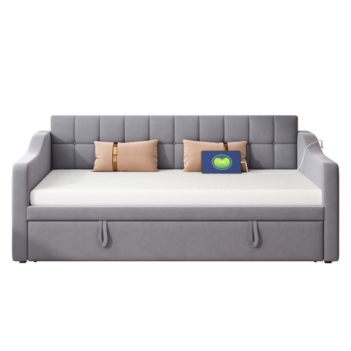 Lit Gigogne Capitonné 90/180x190 Cm - Coffres Rangement - Port USB - Convertible - Velours - Gris