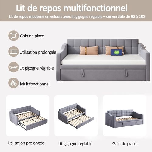 Lit Gigogne Capitonné 90/180x190 Cm - Coffres Rangement - Port USB - Convertible - Velours - Gris