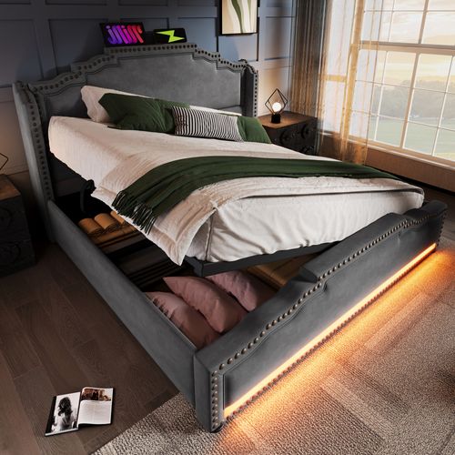 Lit Coffre 140x200 Cm - Lit Double Avec Coffre Et Ports USB-c - LED Intégrée - Velours Gris