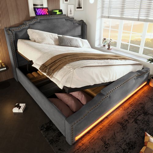 Lit Coffre 140x200 Cm - Lit Double Avec Coffre Et Ports USB-c - LED Intégrée - Velours Gris