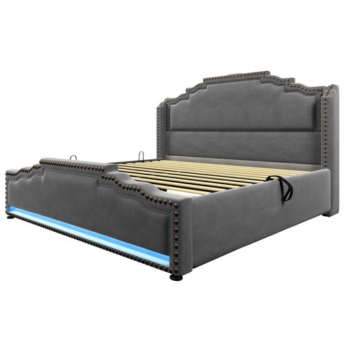 Lit Coffre 140x200 Cm - Lit Double Avec Coffre Et Ports USB-c - LED Intégrée - Velours Gris