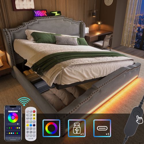 Lit Coffre 140x200 Cm - Lit Double Avec Coffre Et Ports USB-c - LED Intégrée - Velours Gris