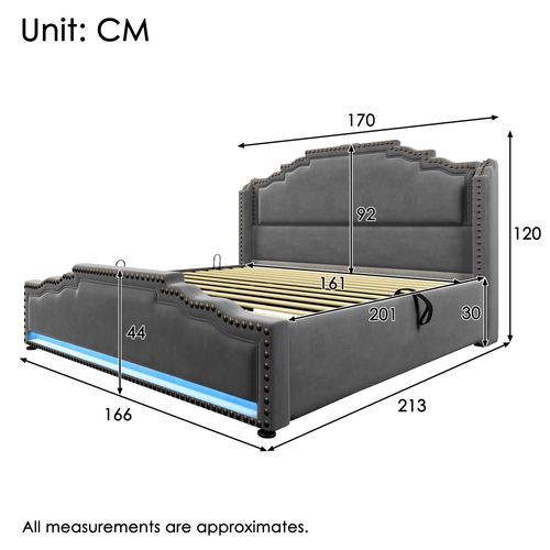 Lit Coffre 160x200 Cm - Lit Double Avec Coffre Hydraulique, LED, Ports USB-c - Velours Gris