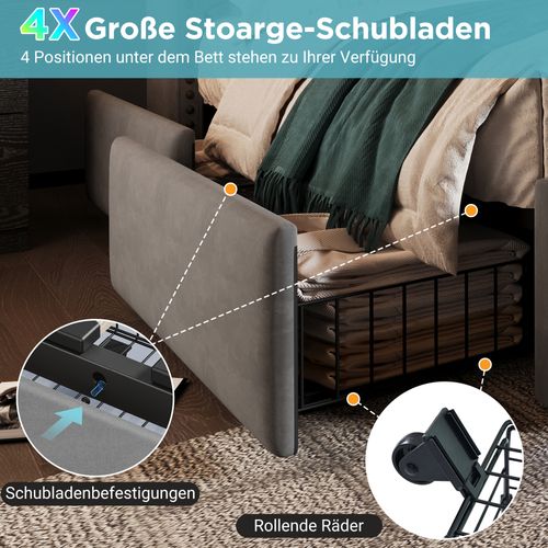 Lit Avec Rangement 140x200 Cm - Lit Double Avec 4 Tiroirs - LED Et Ports USB-c - Velours Gris
