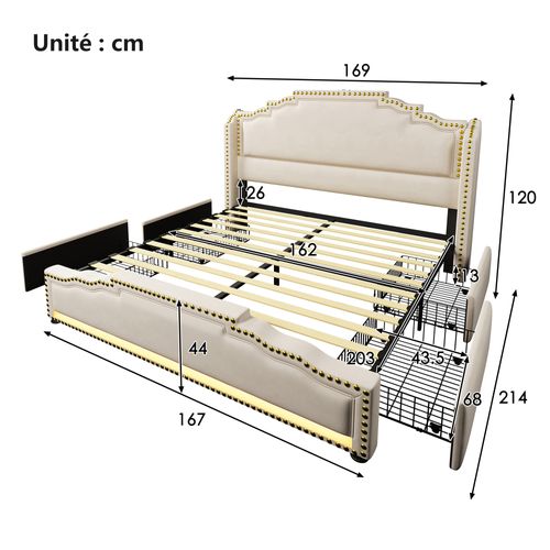 Lit Avec Rangement 160x200 Cm - Lit Double Avec 4 Tiroirs - LED Et Ports USB-c - Velours Beige