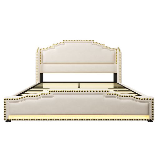 Lit Avec Rangement 160x200 Cm - Lit Double Avec 4 Tiroirs - LED Et Ports USB-c - Velours Beige