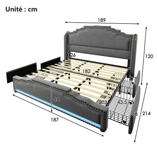 Lit Avec Rangement 180x200 Cm - Lit Double Avec 4 Tiroirs - LED Et Ports USB-c - Velours Gris
