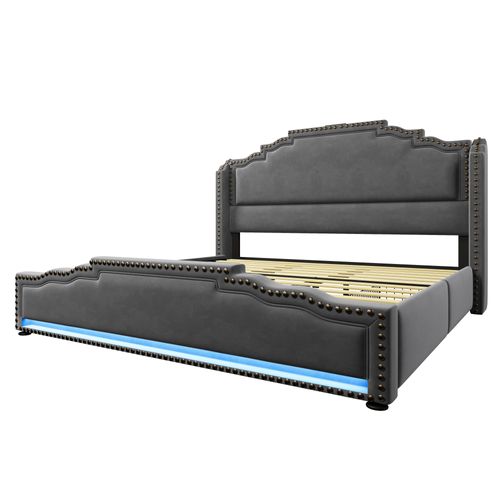 Lit Avec Rangement 180x200 Cm - Lit Double Avec 4 Tiroirs - LED Et Ports USB-c - Velours Gris