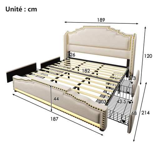 Lit Avec Rangement 180x200 Cm - Lit Double Avec 4 Tiroirs - LED Et Ports USB-c - Velours Beige