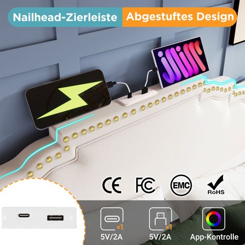 Lit Avec Rangement 140x200 Cm - Lit Double Avec 4 Tiroirs - LED Et Ports USB-c - Velours Beige